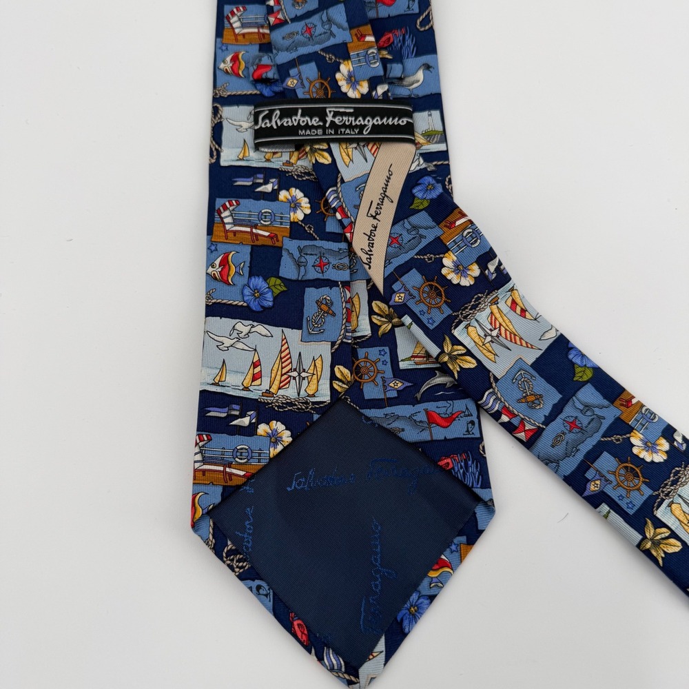 Salvatore Ferragamo Mens Silk Tie Navy Blue Nautical Sailboat Anchor Italy 2803 - Picture 2 of 6